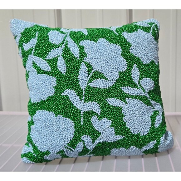 Kate Spade Green & Light Blue Rose Design 12" x 12" Beaded Accent Throw Pillow - Picture 2 of 7
